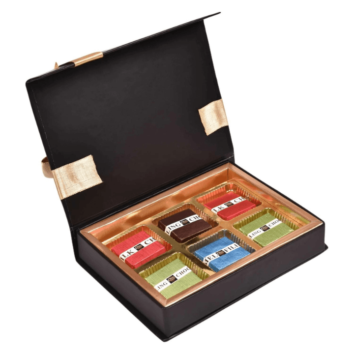 A Choco Fantasy assorted chocolate box with a satin ribbon